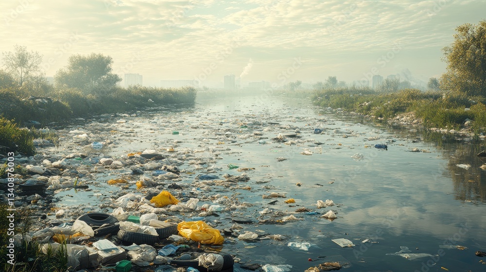 Poster a polluted river filled with trash, showing the impact of waste on the environment and highlighting 