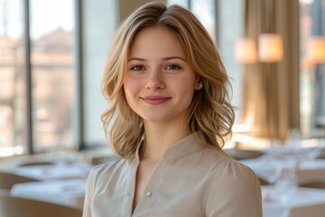 Confident Young Woman Smiling in a Modern Restaurant
