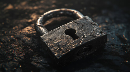 Shattered metal padlock with a twisted body hanging on a rusty post in a deserted area surrounded by overgrown plants