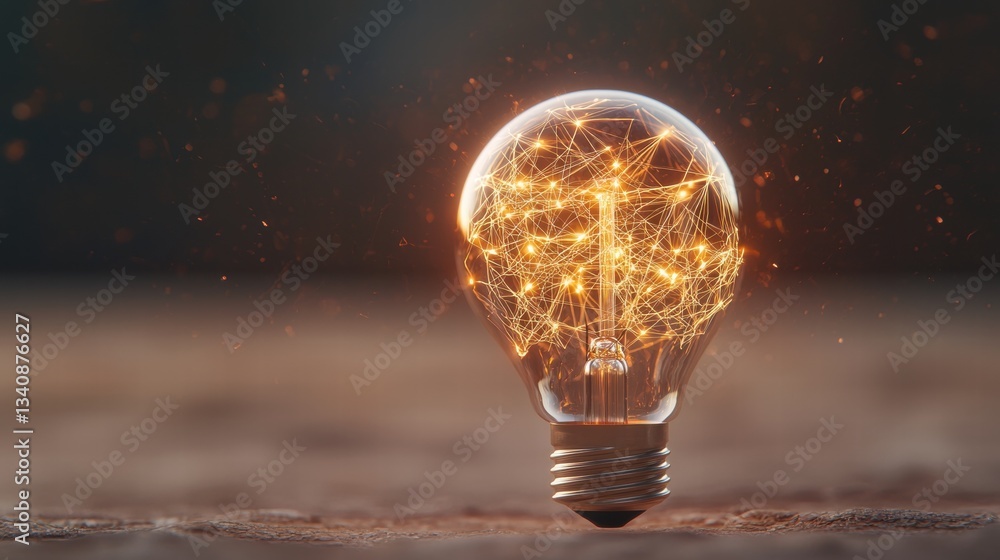 Poster lightbulb idea creative thinking lightbulb filament forming a complex network of connections, repres