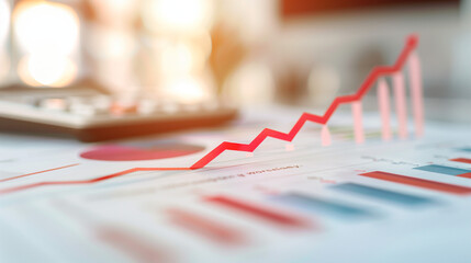 red financial chart reaching ceiling limit with blurred office documents and calculators, symbolizing salary cap and budget restrictions under natural light, shallow depth for economic policy barriers