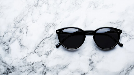 Stylish black sunglasses rest on a smooth white marble surface, showcasing their sleek design and versatile appeal in a modern setting