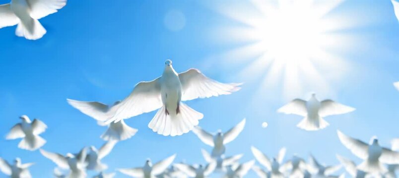 Group of flying dove bird. Holy spirit heaven religion faith. Generative video AI technology.	
