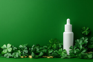 White bottle product surrounded with shamrocks feels lucky and fresh
