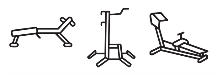 Three fitness equipment illustrations in a minimalist style.