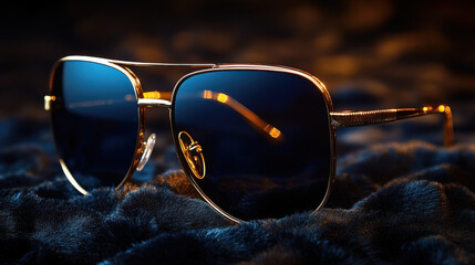 Stylish designer sunglasses with golden details resting on luxurious fabric in soft lighting