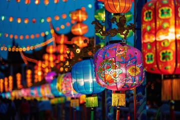 Fototapeta premium Beautiful holiday composition for happy celebrate chinese festival of lanterns, abstract vivid composition consists of fictional unreal fantastic vision on background