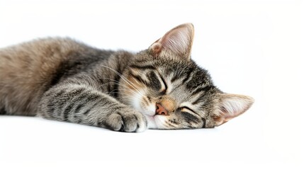 Obraz premium A peaceful tabby cat is lying on its side, fast asleep on a white background. The cat's fur is a mix of gray, brown, and white stripes, typical of tabby patterns. Its eyes are gently closed.