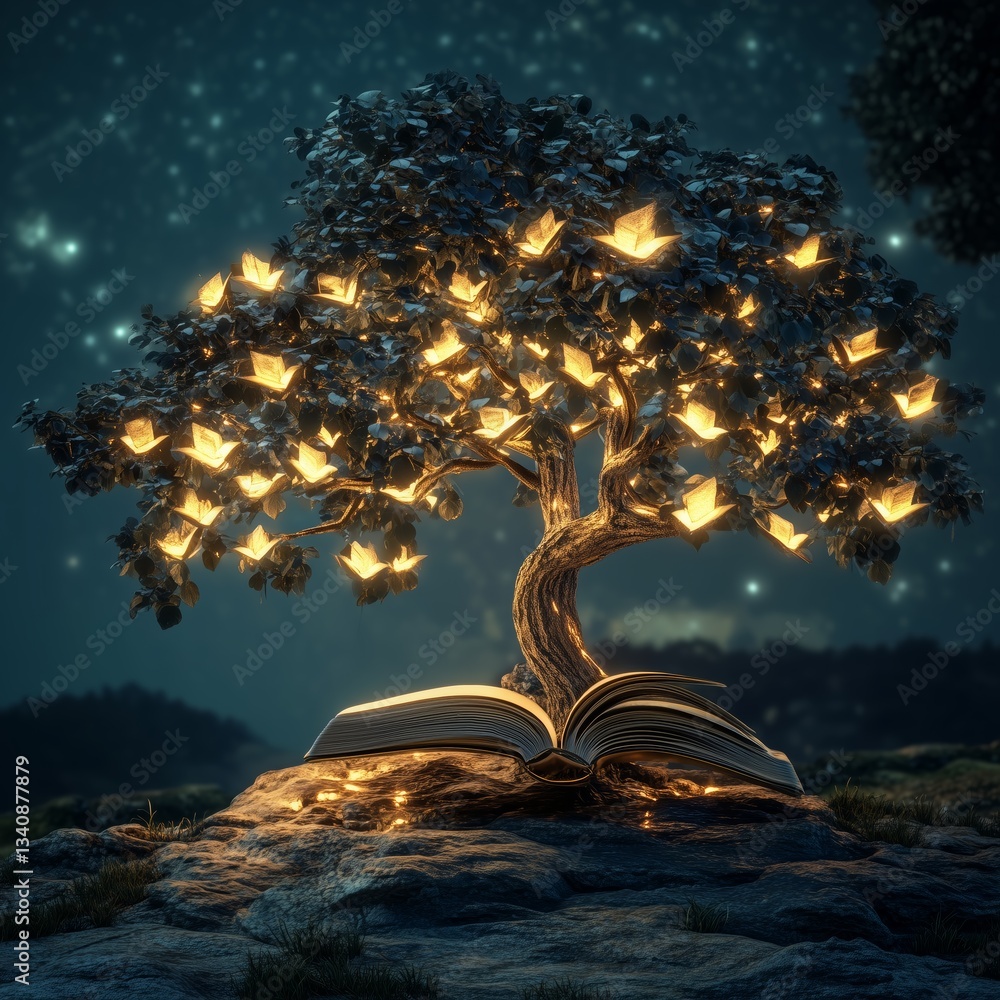 Poster education & e-learning a tree with glowing books grows from an open book at night. unique and creati
