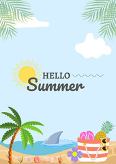 Tropical summer beach paradise with palm trees and sunlit ocean waves