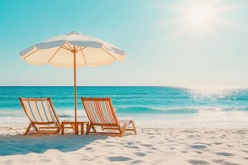 Fototapeta premium Tranquil Beach Escape Sun-Kissed Loungers Under a Shade Umbrella Awaiting Relaxation