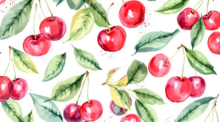 Watercolor red cherries on white background seamless vector pattern