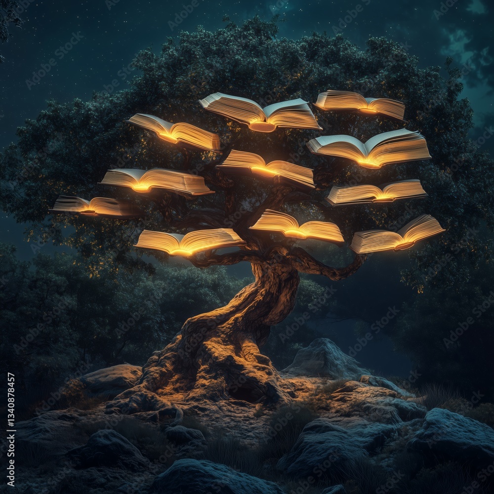 Poster education & e-learning illuminated tree with floating books in a dark, magical setting. unique and c
