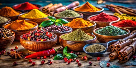 Fototapeta premium Vibrant Spice Blend Panorama: Rustic Wooden Table Photography