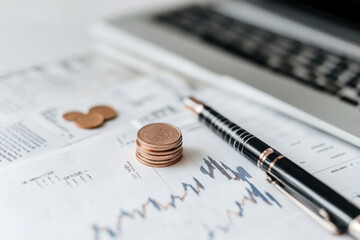 Stack of coins lying on financial report with pen and laptop suggesting growing investment