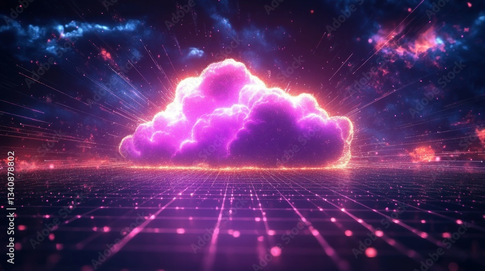 Poster cloud computing data transfer and backup storage technology in cyberpunk digital landscape