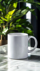 White mug product is on marble table, feeling simplistic and clean