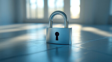 Fototapeta premium Floating padlock with a smooth matte finish resting against a white wall, illuminated by soft natural light during early morning hours