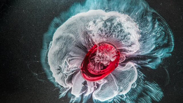 Pill dissolving in liquid, red substance mixing with foam in a vibrant swirl, timelapse