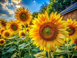Obraz premium Vibrant Sunflowers Field, Summer Blooms, Golden Yellow Flowers, Green Lush Leaves, Nature Photography
