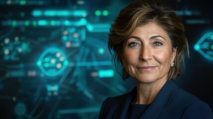 Obraz premium Confident businesswoman in front of a futuristic technology background