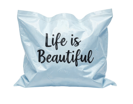 Light Blue Bag with "Life is Beautiful" on transparent background