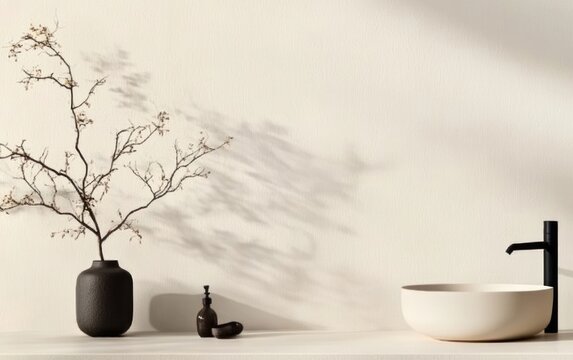 Fototapeta Minimalist Bathroom Interior Design With White Round Sink Black Faucet And Dry Plant In A Dark Vase On Beige Wall Background