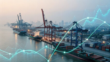 A futuristic depiction of tariffs using holographic trade graphs over a shipping port, visualizing fluctuating costs and economic restrictions in a digital finance landscape.