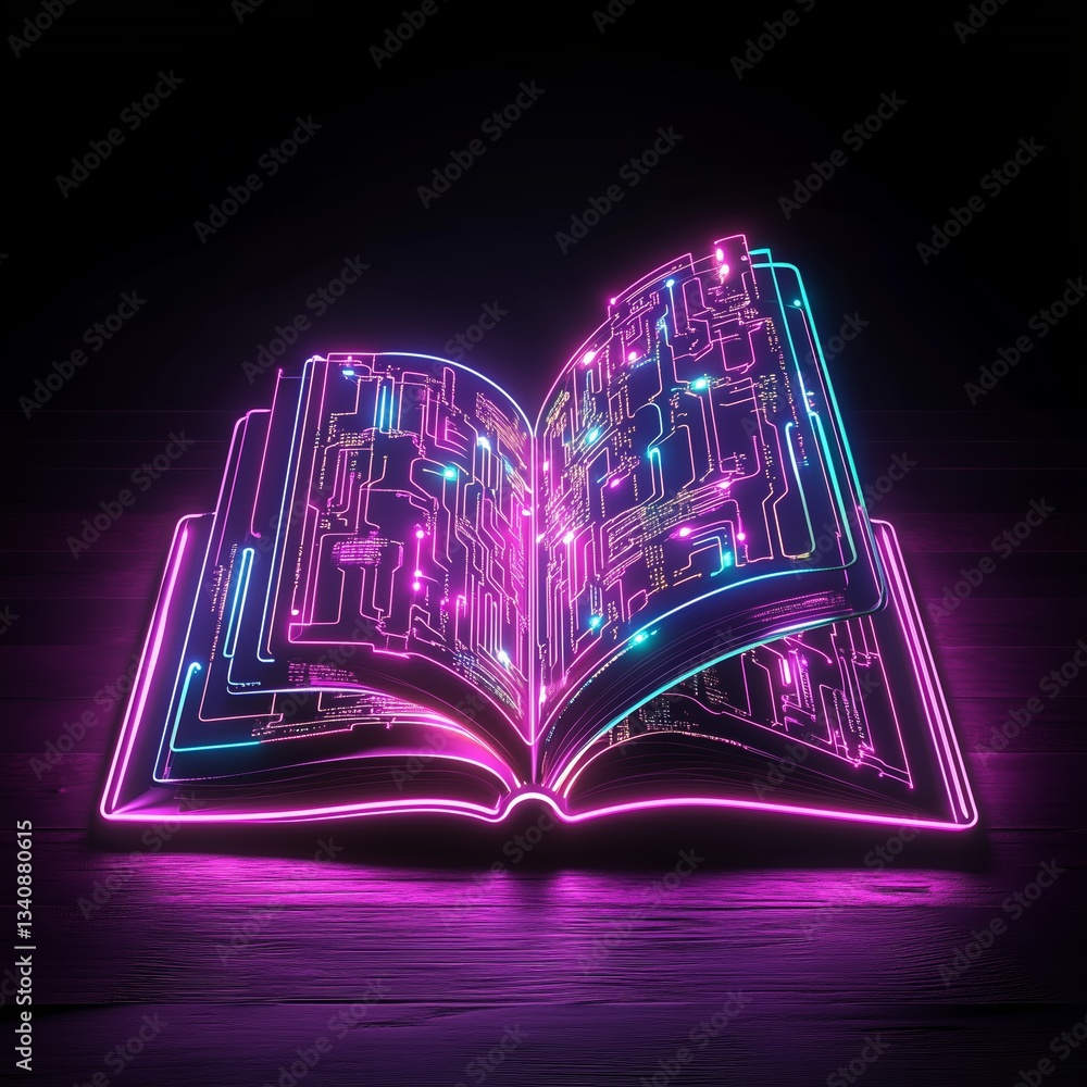 Poster education & e-learning open book with glowing circuit patterns on black background. unique and creat