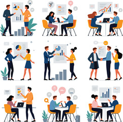 Create a Basic office concept illustrations. Set of people vector illustrations in various activities of business planning and strategy, management, marketing,