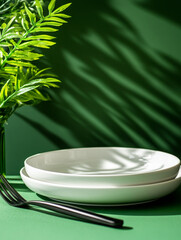 White plate creates serene ambiance, beautifully highlighted by natural shadows