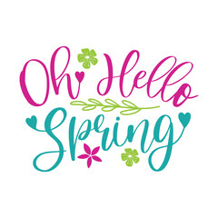 Oh Hello Spring Typography Illustration Design with a Stylized Flower in Both Magenta and Lime Green and a Central Green Branch with Delicate Leaves