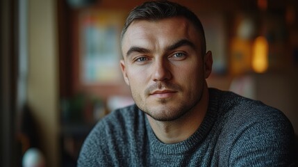 Fototapeta premium Thoughtful Young Man in Coffee Shop