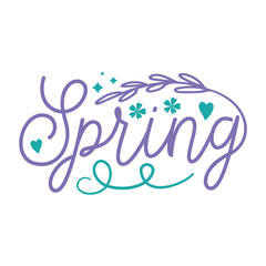Beautiful Spring Typography Design with Teal Colors, Hearts, and a Branch with Leaves