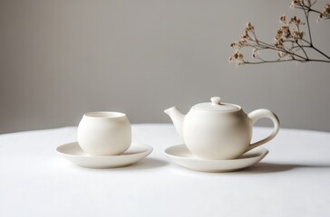 Fototapeta premium Cute small tea set for two, placed neatly on white