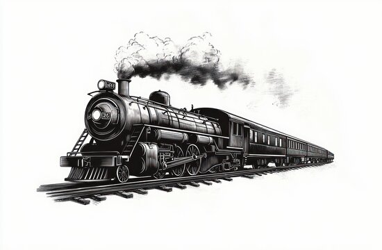 Vintage Steam Locomotive Illustration Black and White Bold Retro Transport