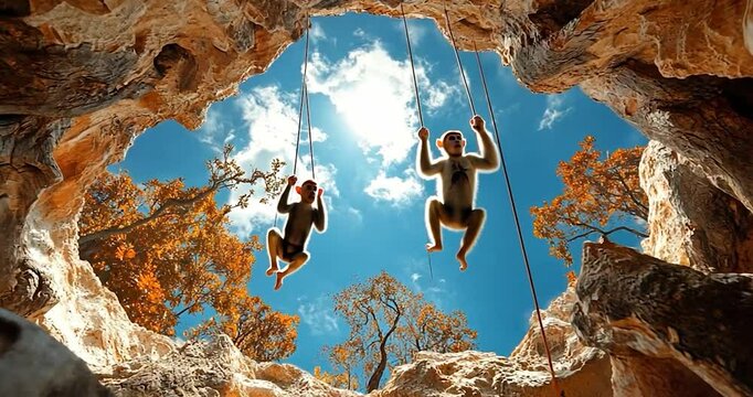 Two monkeys swinging from ropes inside a cave opening, bright sunlight and blue sky visible. Brown rock walls surround them
