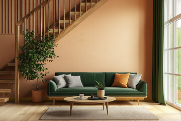 Modern living room interior with a green sofa and wooden staircase