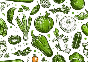 Seamless Hand-Drawn Vegetable Pattern Fresh Green Design for Wallpaper and Textile