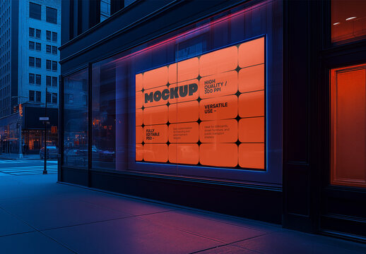 Urban Facade Lightbox Mockup &ndash; Night City Shop Window Advertising Banner Display