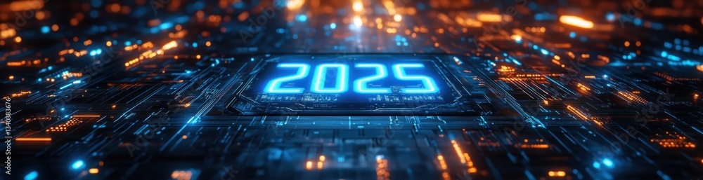 Aufkleber futuristic digital design 2025 with circuit board patterns and glowing typography tech banner