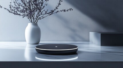A sleek, modern vase with flowers sits beside a minimalist round object on a stylish tabletop, illuminated by soft light against a textured backdrop.