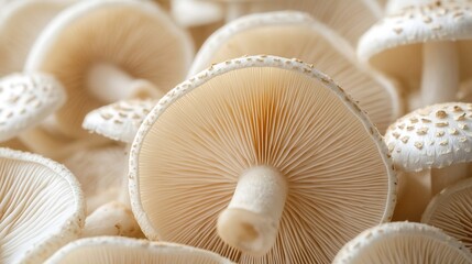 Close up of the delicate white mushrooms of the genus Agaricus with their characteristic gills visible against a dark forest floor illustrating the common edible species