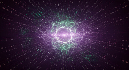 An abstract AI conceptual art piece combining binary code, fractal patterns, and neural network imagery