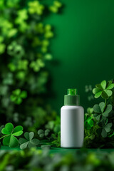 White bottle surrounded by clovers exudes refreshing natural feeling