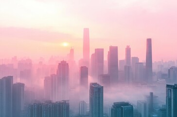 Fototapeta premium Early morning in a Chinese metropolis, panoramic view