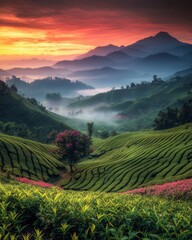 Fototapeta premium Tranquil Tea Plantation Landscape with Misty Mountains at Sunrise