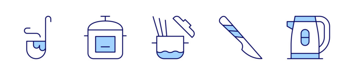 pasta, scalpel, electric kettle, ladle, express pot. Utensil Icon vector illustration. Line Duotone style. Editable stroke