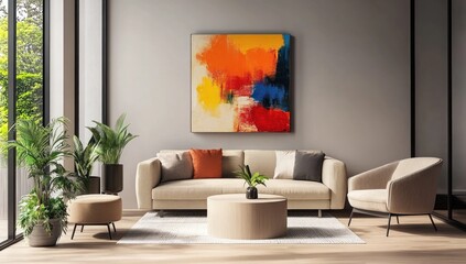 A Modern Living Room Decorated with Plants and Abstract Art