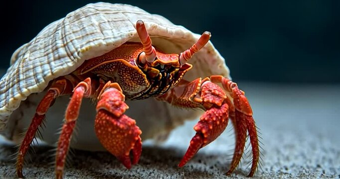Close-up view of a vibrant red hermit crab with detailed claws emerging from a large, textured beige shell against a dark-grey background